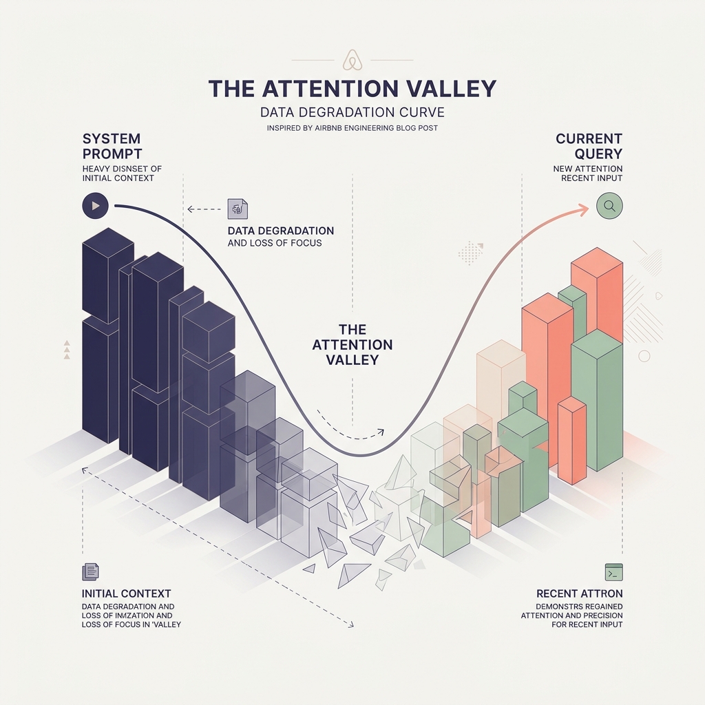 The Attention Valley: a U-shaped recall curve where the system prompt peaks at the start and the current query peaks at the end — and every load-bearing intermediate step decays into the trough in the middle