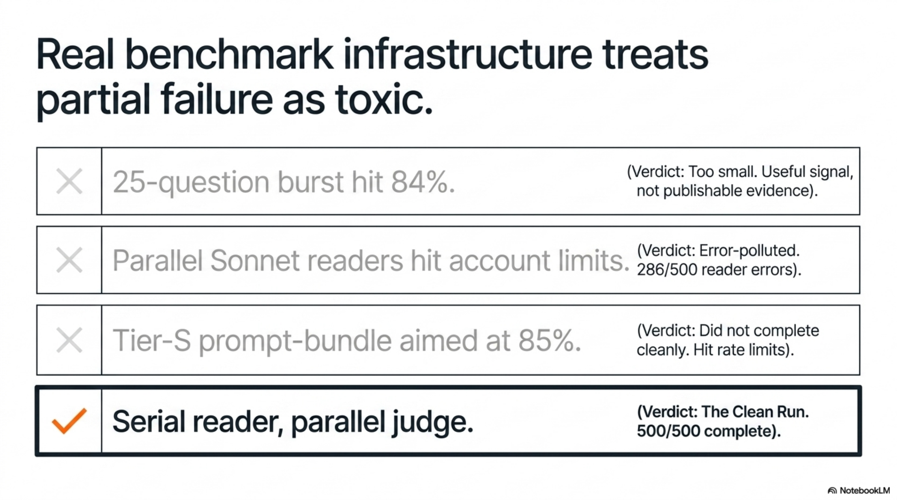 Real benchmark infrastructure treats partial failure as toxic — the journey to the clean run