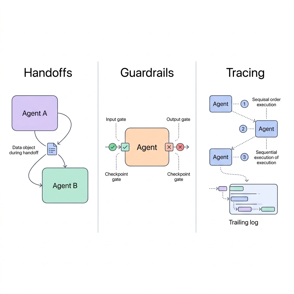 Three AI agent sentinels — Handoff, Guardrail, and Tracing — guarding the data pipeline